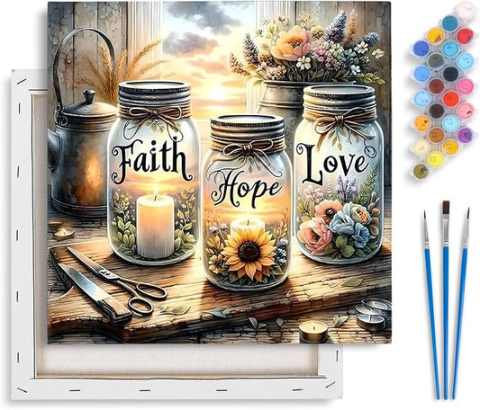 Framed Paint by Numbers Kit for Adults Faith, Hope, Love Wishing Bottle | For Adults Beginner & Kids Ages 8-12, With Frame Canvas 10x10 inch, DIY Acrylic Painting by Numbers, Home Wall Decor Gift