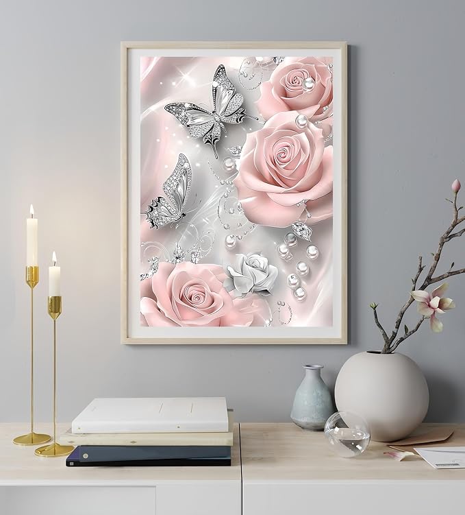 5D Diamond Painting Kits for Adults, Butterfly Rose Flower Diamond Art Kits | DIY Full Drill Diamond Dot Gem Painting for Home Wall Decor 12x16inch