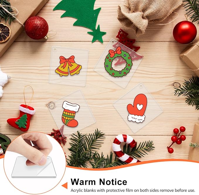 32Pcs Acrylic Ornament Blanks Acrylic Keychain Blanks Bulk Clear Square Acrylics Christmas Ornaments with Hole for Vinyl, Christmas Decor, Engraving, Painting, DIY Crafting
