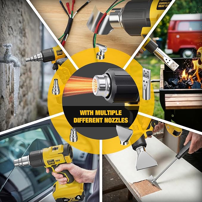 Cordless Heat Gun for DeWALT 20V MAX Battery, 7Pcs Nozzles&Scraper, LED Light, 350W Fast Heating Soldering Hot Air Gun, 2-Temp Setting Max 990℉(532℃), Heat gun for Shrink Tubing, Crafts (Tool Only)