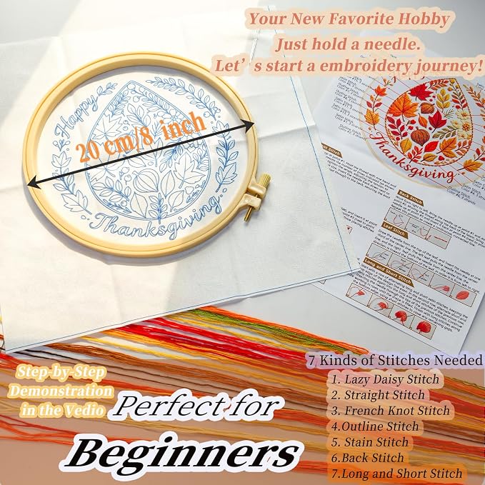 FONNUY Fall Embroidery Kit, Handmade Autumn Wreath Pre-Stamped Pattern for Beginners, Thanksgiving Harvest Home Decor, 8'' Hoop (Maple Leaves)