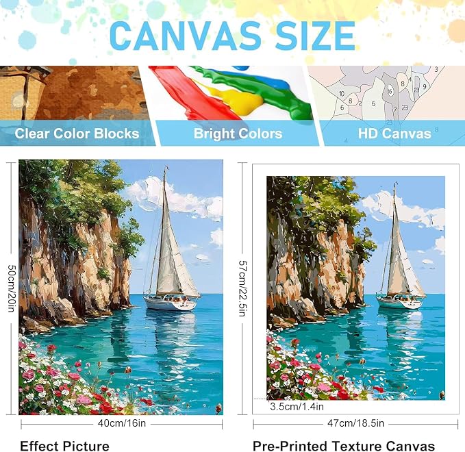 Mrnsiet Sailboat DIY Paint by Numbers for Adults, Coastal Sail Boat Paint by Number for Beginners, DIY Landscape Painting by Number Kits Oil Paint Drawing Canvas Home Decor 16x20 Inch