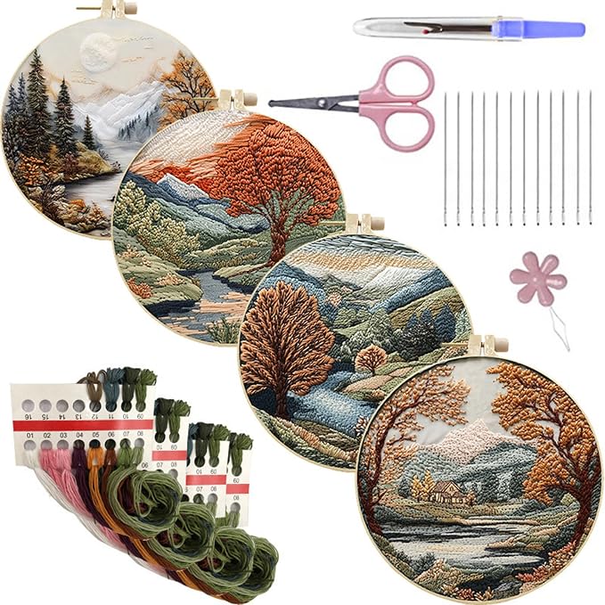 SCECALA 4 Pack Fall Forest Tree Embroidery Kit for Beginners