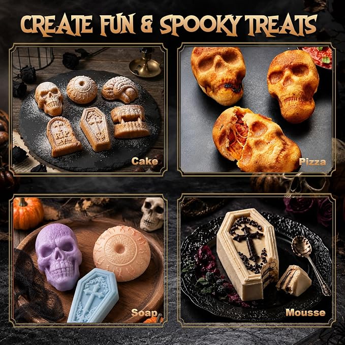 HKNMTT Skull Cake Pizza Pan 6 Spooky Shapes Halloween Silicone Baking Mold | Skull Eyeball Fangs Tombstone Coffin Brain Cake Mold for Pizza Chocolate Musse Soap Ice Cubes Non-Stick Food Grade