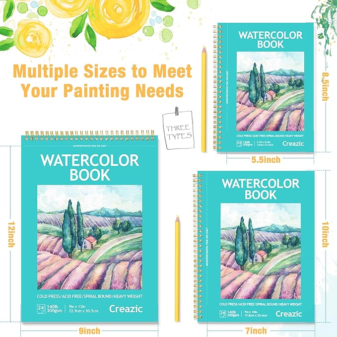 2-Pack Watercolor Paper Pad, 5.5" x8.5” (140lb/300g), Spiral Bound with Tear Line. A Watercolor Journal and Sketchbook for Adults & Kids - Ideal for Smaller Sized Exercises or Travel