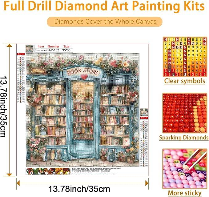 Book Store Diamond Art Kits for Adults,Flower Book Shop Diamond Painting Kit for Beginners, Round 5D DIY Dimond art,Full Drill Painting Kit Art and Crafts for Adults Home Wall Decor【13.8x13.8inch】