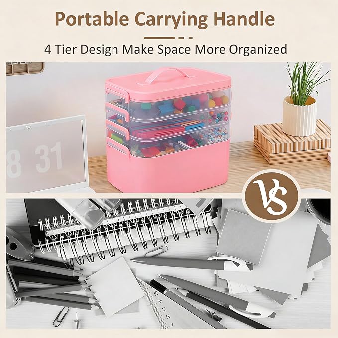 Gifhomfix 4-Layer Plastic Craft Organizers and Storage Box with Removable Trays, Storage Containers with lids and Handle, Art Supply Storage Organizer for Organizing Bead, Sewing, Tool（Pink）