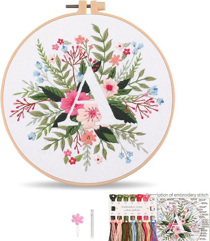 Harimau Letter A Pattern Embroidery Kit for Adult Beginners, Complete Starter Pack with 1 Hoop, Needles, Instruction Guide & Embroidery Stitch Video Tutorials