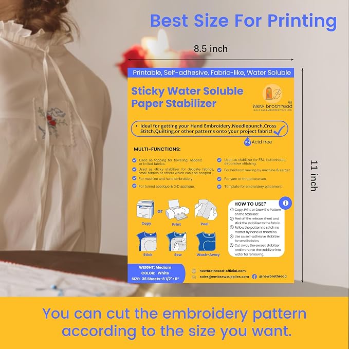 New brothread 36PCS 8.5"x11" Sticky Water Soluble Embroidery Stabilizer | Printable Paper Stabilizer, Medium Weight, Allowed for Print or Draw Patterns, Best for Hand & Machine Embroidery