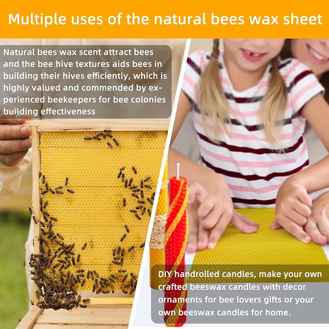 Lacaser Beeswax Sheets for Candle Making Kit, 20 Pcs 8"x16" Pure Bees Wax Made Sheets Equals to 40pcs 8"x8" Beeswax Sheets, Include Bee Ornaments,Cotton Candle Wicks for Bulk Candle Making