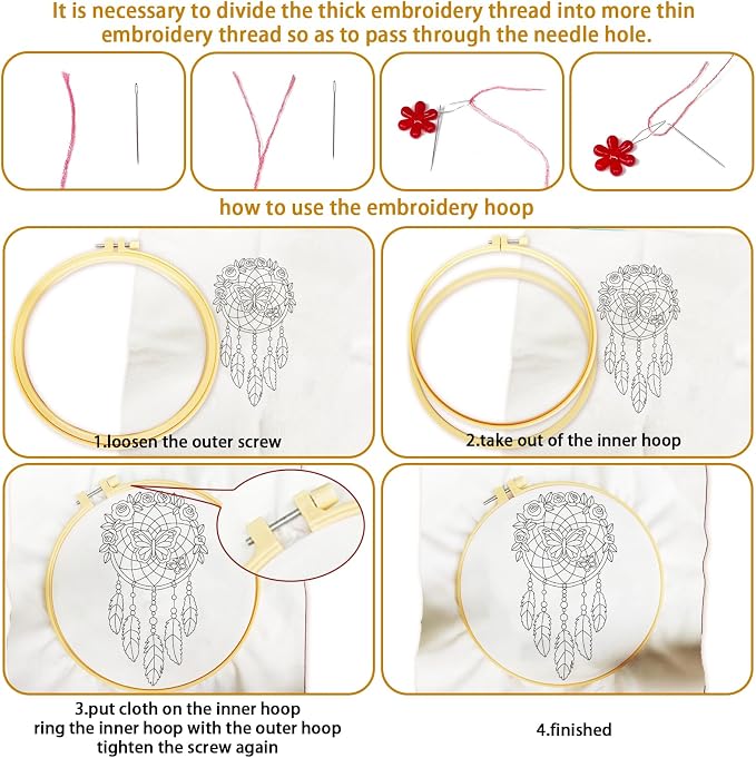 BEUNITONE 4 Set Dream Catcher Embroidery Kit for Beginners 7.9"x7.9" | DIY Craft Kits for Adults Women with Embroidery Hoops, Instructions, Handmade Needlepoint Kits for Craft Lover and Home Decor