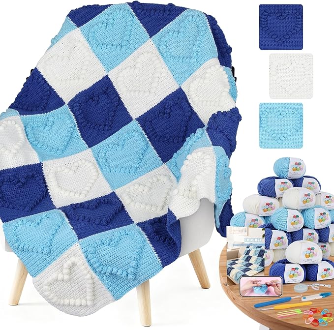 Coopay Crochet Kit for Beginners, 3D Heart Granny Square Blanket Kit, Set B