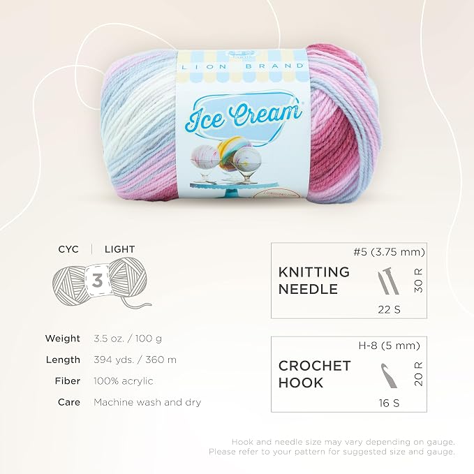 Lion Brand Yarn, Ice Cream Baby Yarn for Knitting, Crochet, and Crafts, Cherries Jubilee, 1 Pack, DK Weight Colorful Acrylic Fiber for Baby Blankets, Hats, and Sweaters
