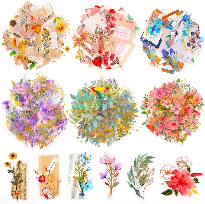 Pengxiaomei 210 Flower Stickers, Self-Adhesive Scrapbooking Stickers | Botanical Flower And Quote Designs; Peel-And-Stick; For Scrapbooks, Planners, Notebooks, Cards