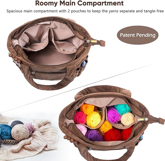 MYBAGZING Crochet Bag and Tote - Corduroy Yarn Bag - Yarn Holder for Crocheting - Crochet Storage Bag for Crochet Hooks, Crochet Accessories, Knitting Bag for Crochet Lovers, Mother's Day Gift