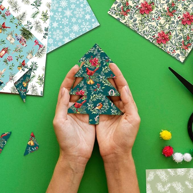 Christmas Pattern Scrapbook Paper, 6 Inch Card Production Supplies, 24 Sheets Single Sided Acid-Free Cardstock Greeting Card, Handmade Gift Journaling Craft Kits (D-style)