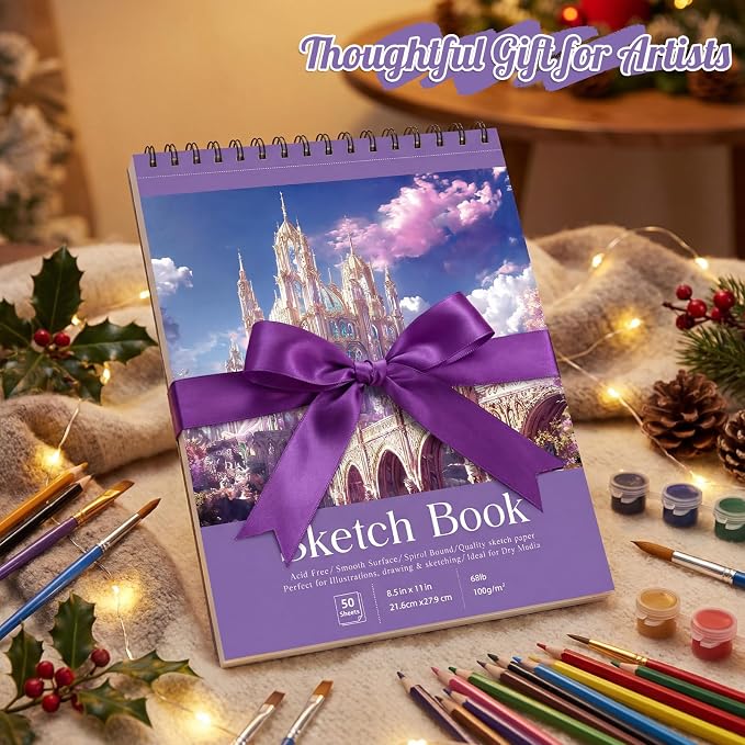 Prudiut Sketch Book 4 Pack, 8.5 × 11 Inch, Violet, Spiral Bound | 50 Sheets Each, 68 Lb Acid-Free Paper, Perforated Pages, Hard Back Cover, for Pencil, Charcoal, Colored Pencil And Gel Pen