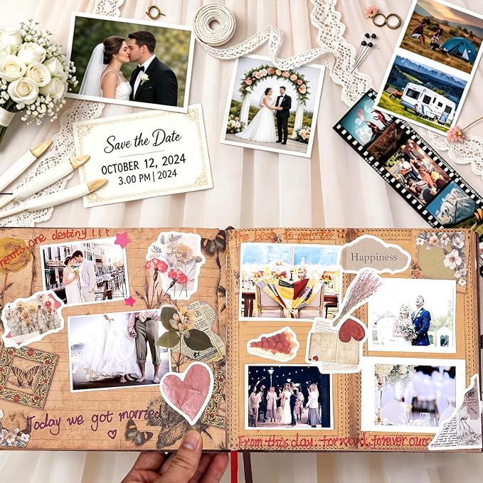 JIMBON Our Adventure Book Scrapbook Photo Album Retro Style Embossed Letter Cover Travel Diary Journal Scrap Book Kit For Couples,Memory Book For Anniversary Wedding