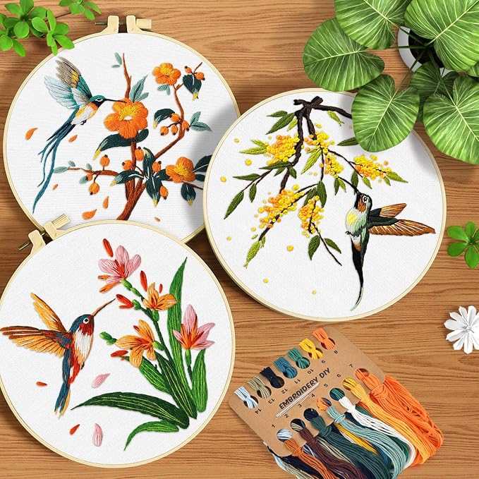 ERKOON 3 Sets Embroidery Kit, Hummingbird Cross Stitch Set for Include Embroidery Cloth Hoops Threads for Craft Lover Hand Stitch (Hummingbird)