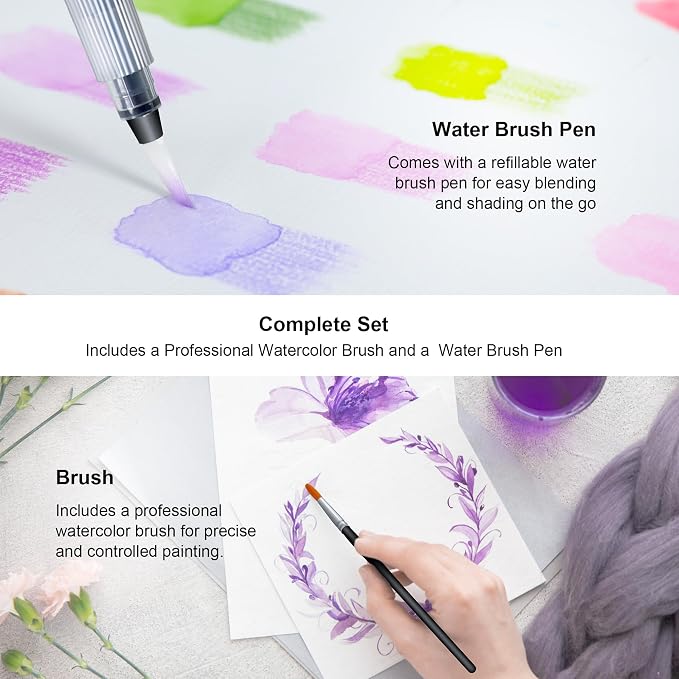 KALOUR Watercolor Pencils with Brush, 36 Colors, Blendable Wet or Dry, Ideal for Coloring Books and Art