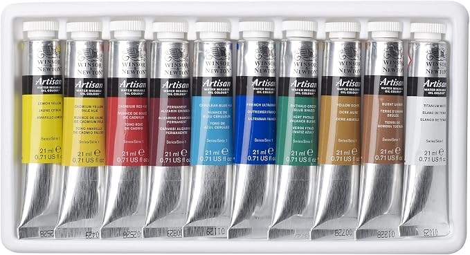 Winsor & Newton Artisan Water Mixable Oil Paint Set, 10 x 21ml Tubes | Clean with water; no solvents needed. Color depth, lightfastness, opacity/transparency are the same as traditional oils.