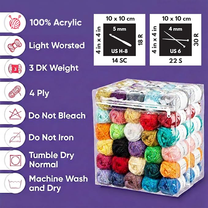 CRAFTISS 60 of 20g/0.7Oz Acrylic Yarn Mini Skeins - 2600 Yards of Soft Yarn for Crocheting and Knitting Craft Project, Assorted Starter Crochet Bulk Kit for Adults and Kids