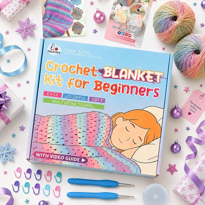 Aeelike Crochet Blanket Kit for Beginner, Easy Blanket Crochet Kit, Rainbow