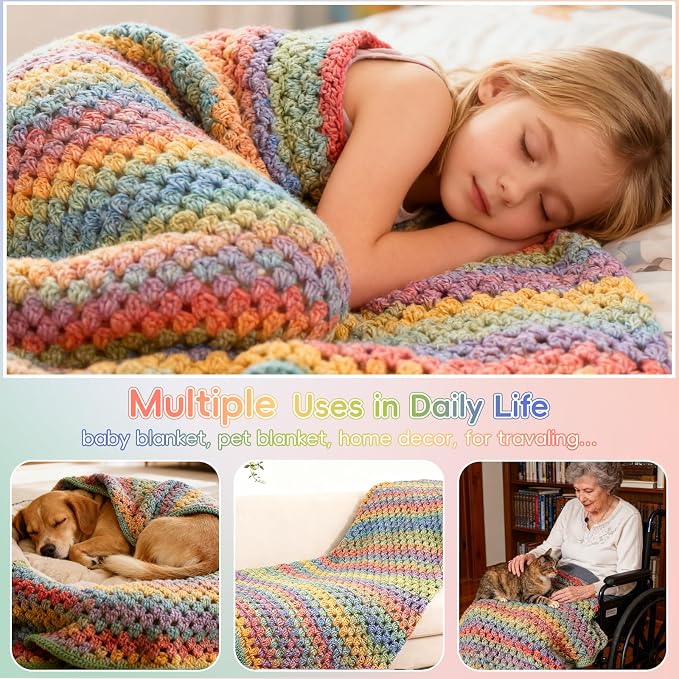 Aeelike Crochet Blanket Kit for Beginner, Easy Blanket Crochet Kit, Rainbow
