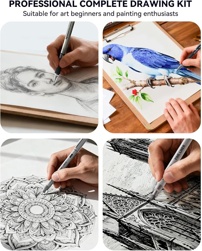 Four Candies 73PCS Advanced Drawing Kit with Professional Art Supplies | Fineliner Pens, Mechanical Pencils, 3-Color Sketchbook, Charcoal Sticks,Pastels for Sketching Drawing Comics, Artists