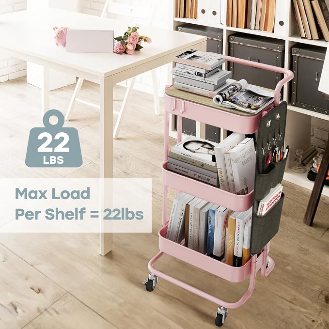 DTK 3-Tier Rolling Cart with Table Top, Metal Utility Cart with Side Bags