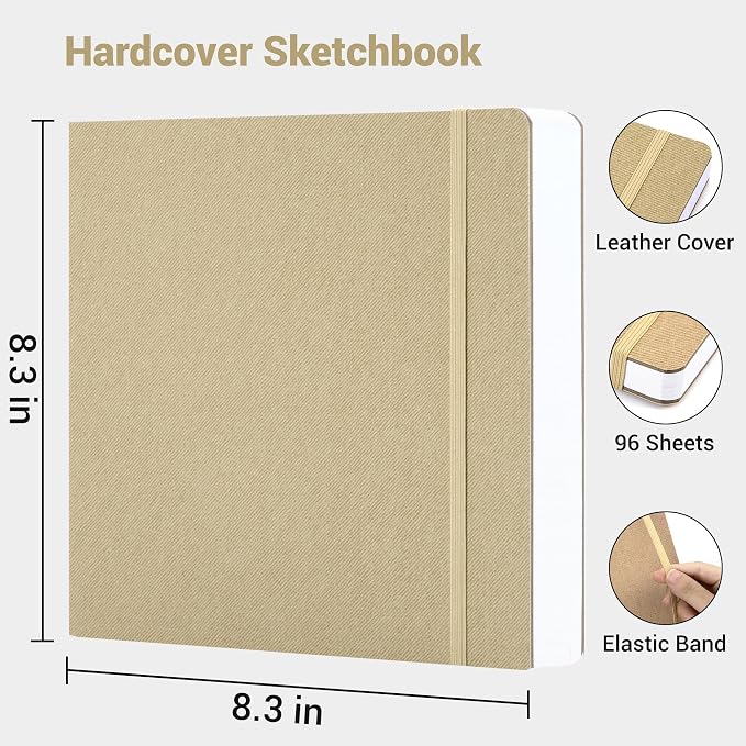 Hardcover Sketch Book, 8.3x8.3, 96 Sheets, Sketchbook for Drawing, Brown | Ideal Gift For Kids Adults,200GSM Watercolor Heavyweight Lay-Flat Art Journal,Drawing pad for Adults