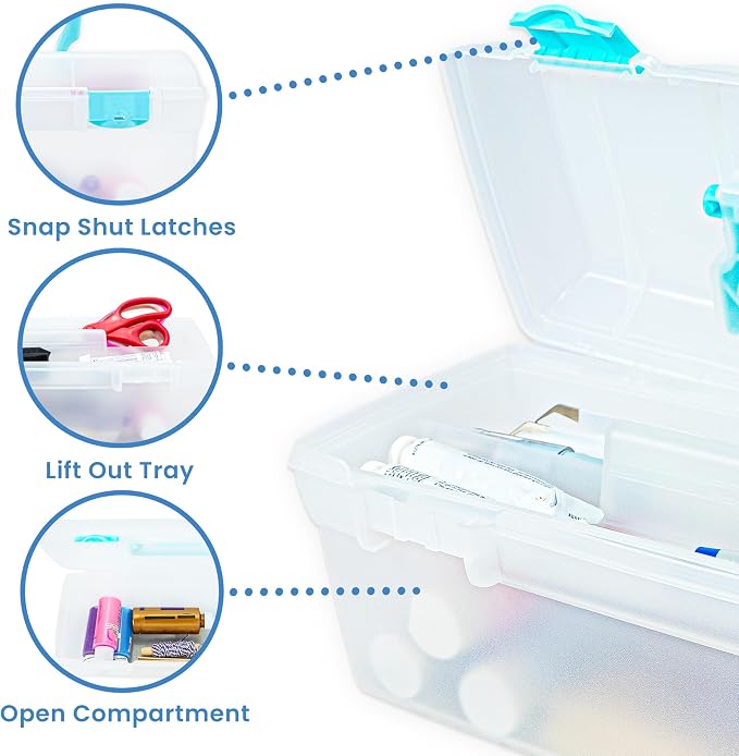 ArtBin 6937AG Essentials Lift-Out Tray Box, Portable Art & Craft Organizer with Handle and Tray, Clear/Aqua