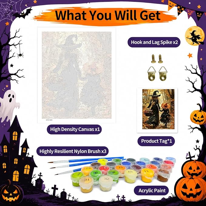 SUJINMEI Witch Paint by Numbers Kit for Adults Without Frame 16X20 inch | Halloween Adult Paint by Number Kits on Canvas, Halloween Painting by Numbers for Adults, Acrylic Paints for Home Wall Decor
