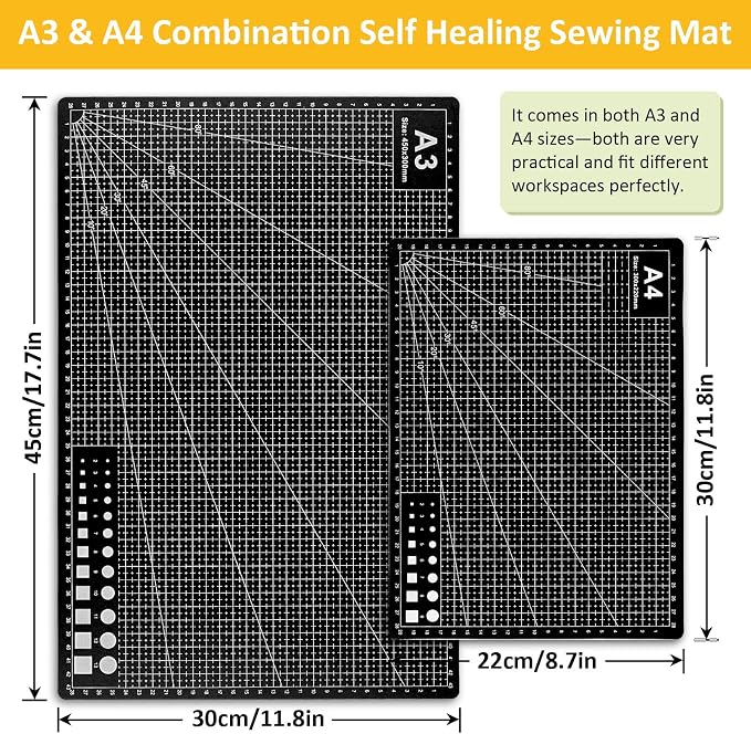2 Pcs Large Cutting Mat Self Healing,Double Sided,Grid Line And Angles Help To Cut Precisely,Craft Mats for Scrapbooking, Quilting, Sewing and All Arts,Non Slip & Easy Clean ((A3 & A4 Black)