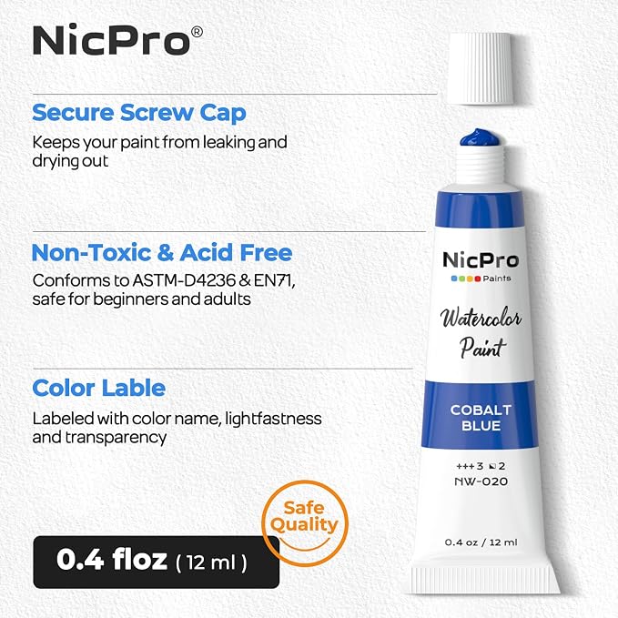Nicpro Watercolor Paint Set for Adults, 36 Colors Watercolor Paint Tube | 12ml/0.4oz Tube, High Pigment Travel Water Color Painting Supplies for Artists Beginners, Color Wheel & Swatch Cards Included