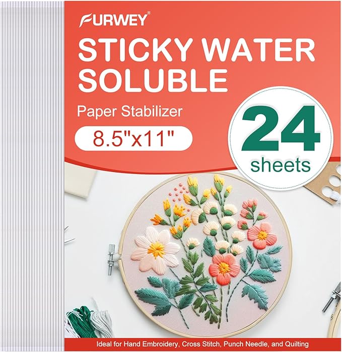 FURWEY Wash Away Embroidery Stabilizer,24PCS 8.5x11,Self Adhesive,Printable | Water Soluble Embroidery Paper, Self Adhesive & Printable, for Hand & Machine Use, 8.5 x 11 Inches, 24 Sheets