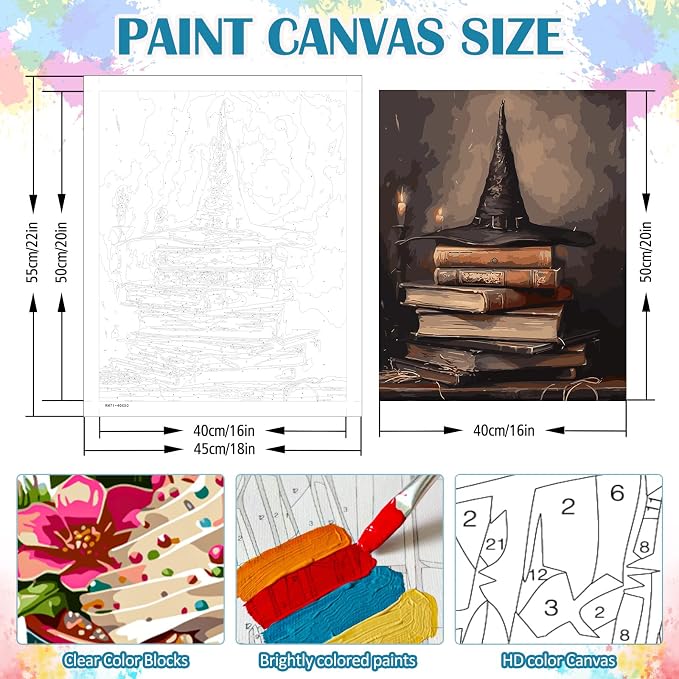 LKHMVCA Halloween Hat Book Paint by Number Kits for Adults, DIY Paint by Numbers Kits for Adults Beginners Without Frame, Acrylic Paint Canvas Painting Kits Art for Home Decor 16x20 Inch