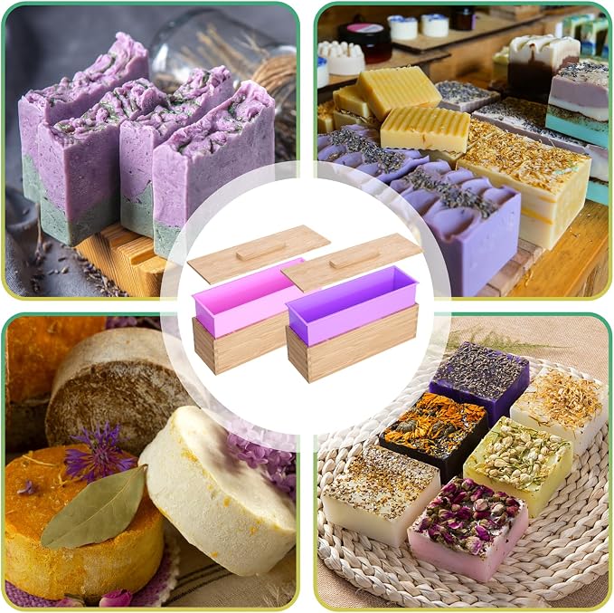 Silicone Soap Molds with Upgraded Wood Box, Bar Rectangle Loaf Soap Mold with Cutters, Homemade Soap Making Supplies Tools Kit for Adults Beginners (Mold only)