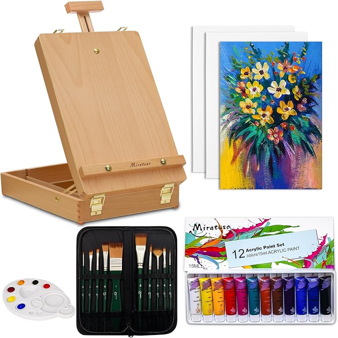 Art Supplies 27 Pcs Art Set with Portable Adjustable Tabletop Easel | Easel Set with 12 Colors Acrylic Paint, 10 Paint Brushes, 3 Canvas Panels, Palettes, Gift for Student Artist Beginner