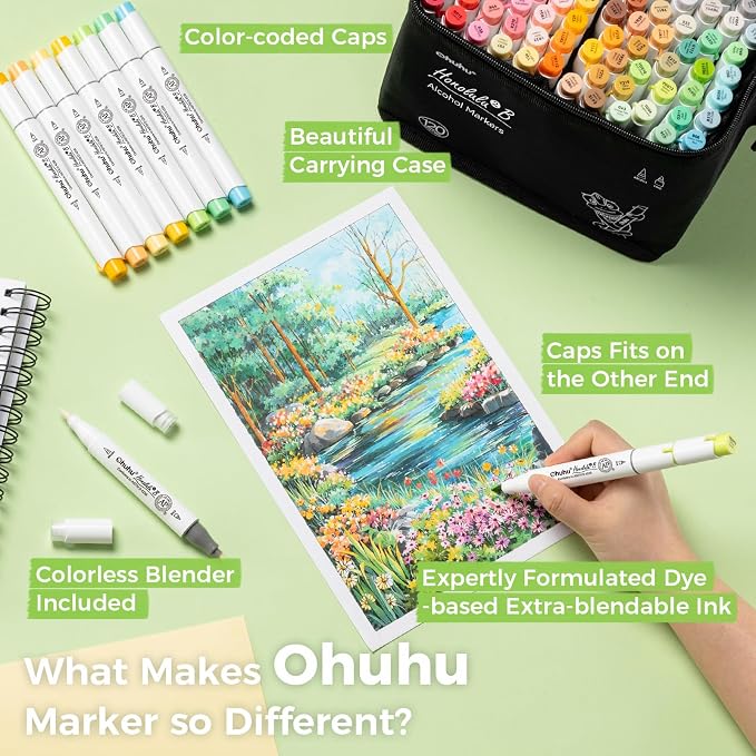 Ohuhu Alcohol Markers Brush& Fine 120 Colors for Adults Coloring Refillable | AP Certified Art Marker Set, Dual Tips Alcohol-based for Artists Beginners Drawing Illustration Sketching, Honolulu 2B