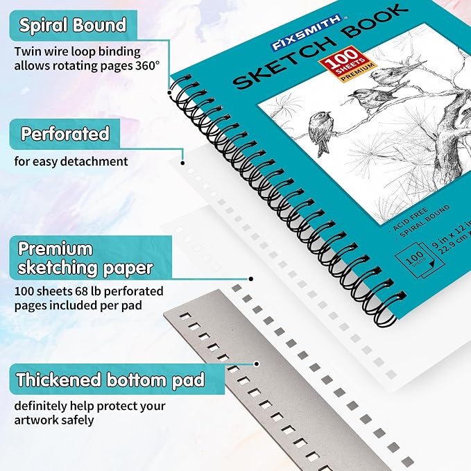 FIXSMITH 9"X12" Sketch Book, 100 Sheets, 68 lb/100gsm,4 Pack Teal | Acid Free Drawing Paper | Spiral Bound Artist Sketch Pad | for Kids, Beginners, Artists & Professionals | Bright White
