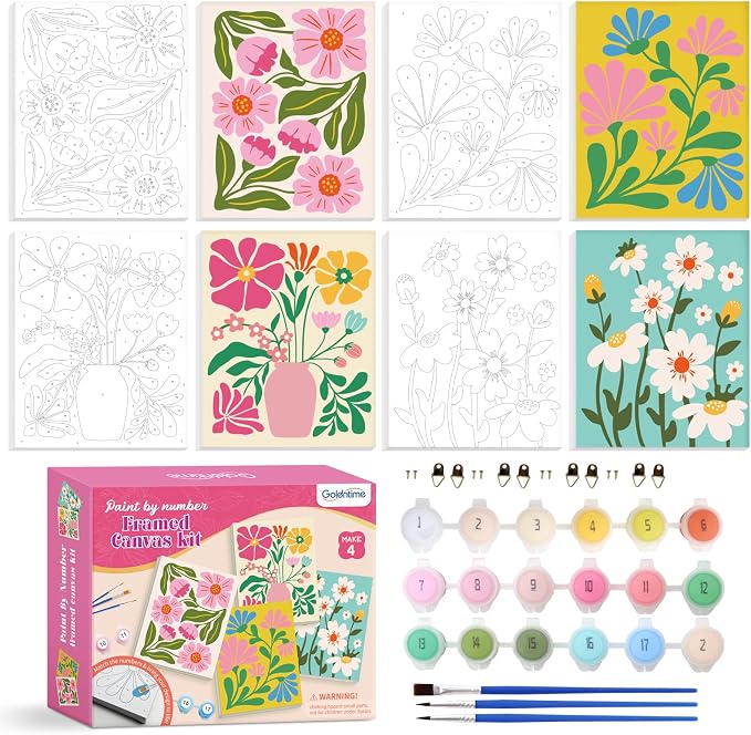 goldentime Easy Paint by Numbers Kit for Kids & Adults Beginner | Easy DIY Flowers Acrylic Oil Painting on Canvas with Frame | 4 Pack 8x10 Inch Framed Paint by Number Canvas Kits for Home Wall Décor