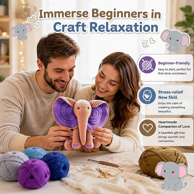 JYZJDKE Crochet Kit for Beginners Adults - DIY Amigurumi Elephant Knitting Starter Kit with Yarn Sets, Crochet Animal Kit Cute Stuffed Animal Craft Birthday Gifts (Dark Green+Flesh Pink Elephant)