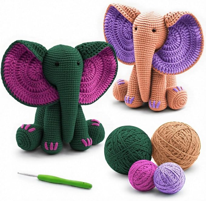 JYZJDKE Crochet Kit for Beginners Adults - DIY Amigurumi Elephant Knitting Starter Kit with Yarn Sets, Crochet Animal Kit Cute Stuffed Animal Craft Birthday Gifts (Dark Green+Flesh Pink Elephant)