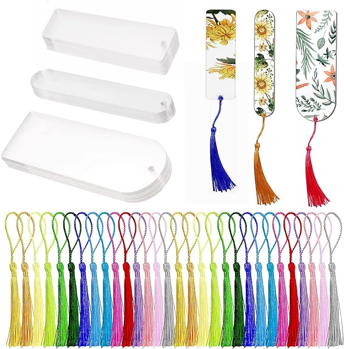 30Pcs Clear Acrylic Bookmark Blanks with Tassels, 3 Shapes DIY Craft Kit | 30Sets Bookmark Making Kits, Smooth Edge Clear Acrylic Blanks, Different Color Tassels,for DIY Book Marks Tags Handmade Gifts