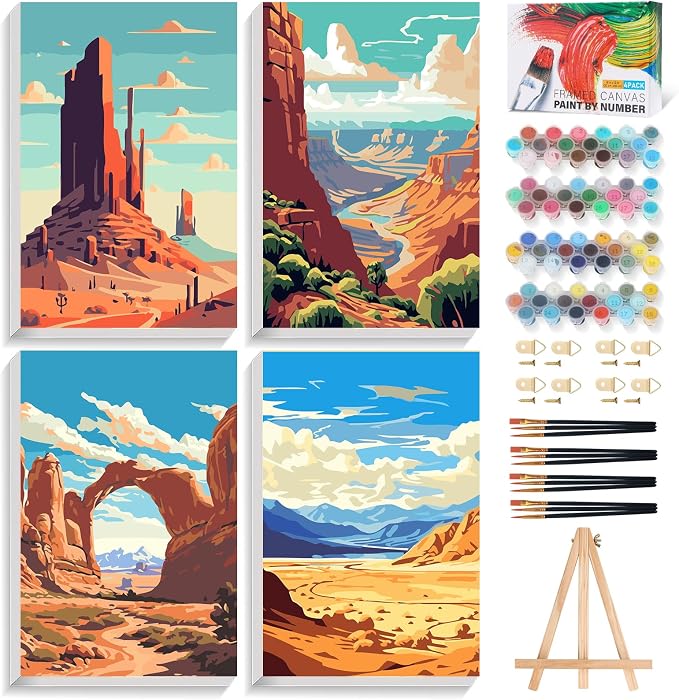 4 Pack Framed Paint by Numbers Kit for Adults with Wooden Easel, 8x12 Inch | National Park, Easy DIY Acrylic Canvas Craft Kit with Frame for Beginners, Home Decor, Stress Relief Relaxing Hobby Gift