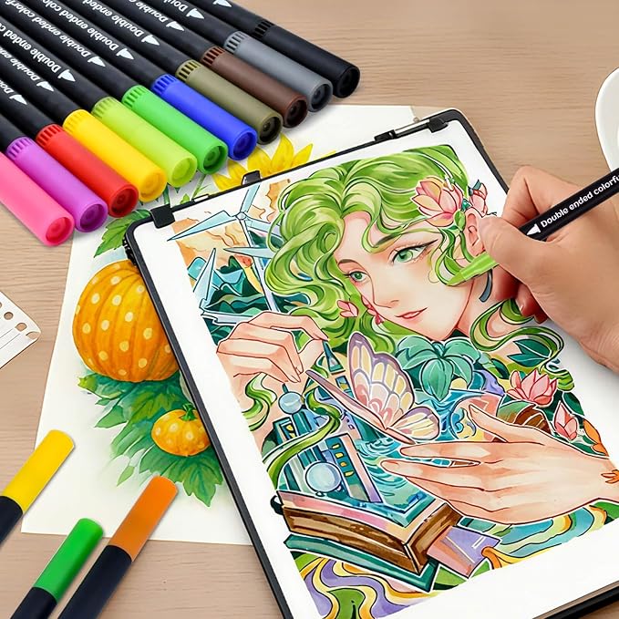 MIN CI 120 Colors Dual Tip Markers, Fine Tip and Brush Tip Permanent Coloring Markers for Drawing Art Supplies, Dual Marker s Brush Pens Kit for Adult Coloring Book, School Supplies, DIY Crafts