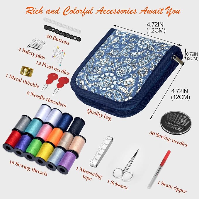 Sewing Kit Gifts for Grandma, Mom, Friend, Traveler, Adults, Beginner, Emergency,Sewing Supplies Accessories with Scissors,Sewing Needles Thimble, Thread,Tape Measure etc(Wildflower Blue, S)