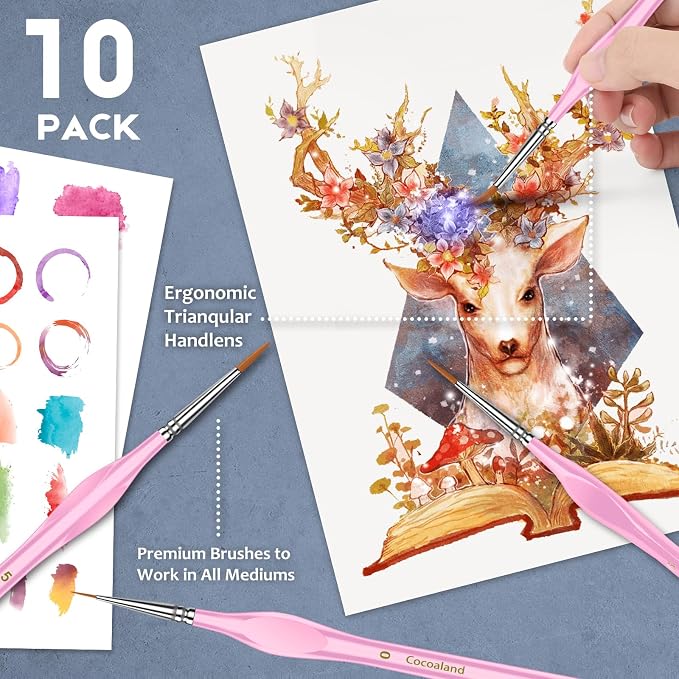 Miniature Paint Brushes,10Pcs Round Pointed Tip Paintbrushes, Micro Detail Paint Brush Set, Triangular Grip Handles Art Brushes Perfect for Acrylic, Watercolor, Oil, Craft (Blush)