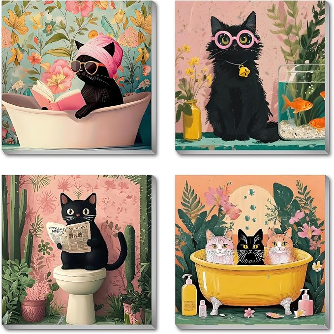 Canrichshop 4 Pack Cat Paint by Numbers for Beginner,Black Cat Adult Paint by Number Kits on Canvas Framed, DIY Number Paintings for Adults for Wall Home Decor 8X 8 inch